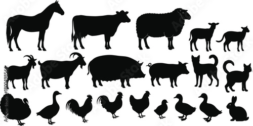Collection of farm animal silhouettes on a white background