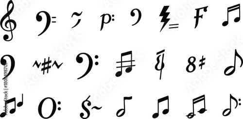 Collection of hand drawn musical notes symbols and clefs on white background