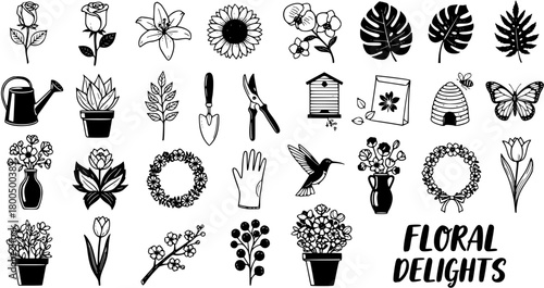 Hand-drawn black and white floral and gardening vector icons set. Spring flowers, plants, tools, and nature elements for decorative design.