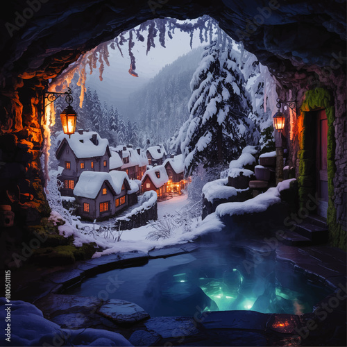 Enchanted snowy village at night viewed from cave with steaming hot spring pool, cozy houses, lantern lights and magical winter forest