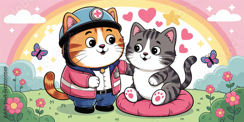 Cute veterinarian cat comforting patient kitten in pastel garden, kawaii animal healthcare illustration with rainbow and hearts