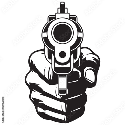 Hand holding gun pointed directly at viewer