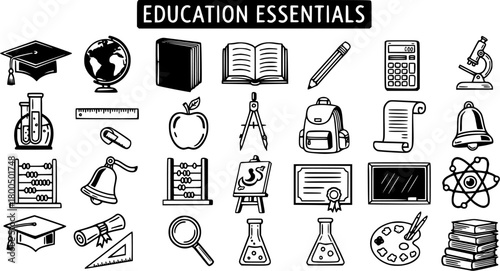 Education Essentials Icons Set: School Supplies, Learning Tools, and Academic Objects Collection in Black and White Outline Vector Art
