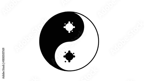 Vector illustration of yin yang symbol with two small virus or bacteria icons, representing balance and health on a transparent background
