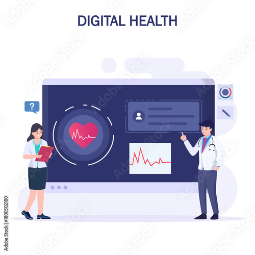 Digital health concept. Doctor looks at the patient's electronic chart on the electronic gadgets. Health care concept.