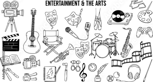 Hand-Drawn Doodle Collection of Entertainment and Arts Icons: Music, Film, Theater, Painting, Dance  Creativity