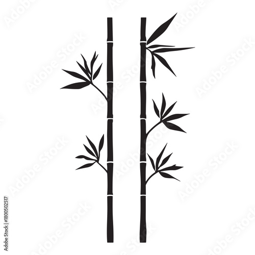 Black and white silhouette of bamboo stalks with leaves