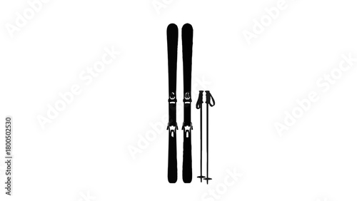 Vector illustration of black silhouette of skis and poles isolated on transparent background 