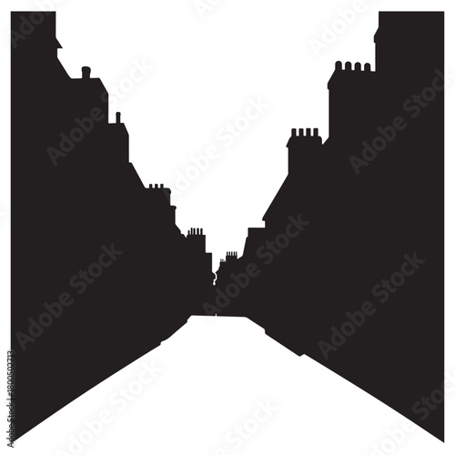 Silhouette of a narrow european street with chimney tops