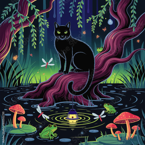Enchanted black cat in magical forest swamp at night with frogs, mushrooms, fireflies and glowing lantern, fantasy vector illustration