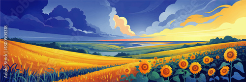 Vibrant sunflower field and golden wheat landscape at sunset, colorful summer countryside panorama illustration with dramatic sky