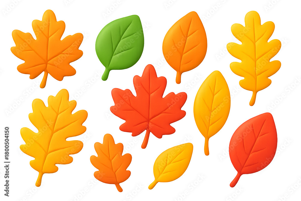 Obraz premium Png set of colorful autumn leaves in 3d isolated on transparent background. concept of seasonal decor, fall nature elements, vibrant leaf designs, simple autumn illustration.