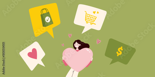 Illustration of a smiling woman holding a large heart surrounded by icons of shopping, love, and money, symbolizing positive consumer experiences and emotional connection to buying.
