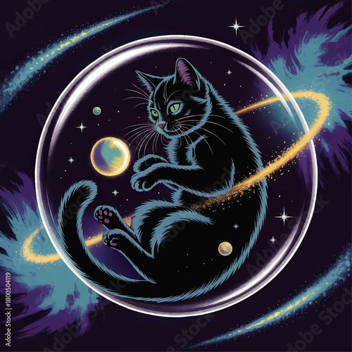 Cosmic black cat in space bubble with planets and neon galaxy rings, mystical sci fi feline illustration, fantasy outer space art