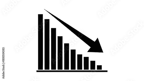 Vector illustration of black bar graph showing a downward trend with a diagonal arrow indicating decrease isolated on transparent background