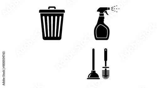 Vector illustration of cleaning supplies including trash can, spray bottle, plunger, and toilet brush isolated on transparent background 