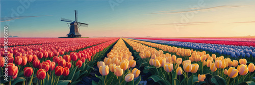 Colorful tulip field at sunrise with traditional Dutch windmill, panoramic spring landscape illustration, floral countryside background