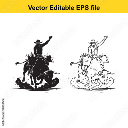 Silhouette and line art of a cowboy riding a bucking bull, isolated on