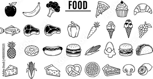 Diverse Food Icons Set: Hand-Drawn Black and White Vector Collection of Fruits, Vegetables, Meats, Desserts, and Fast Food Elements.