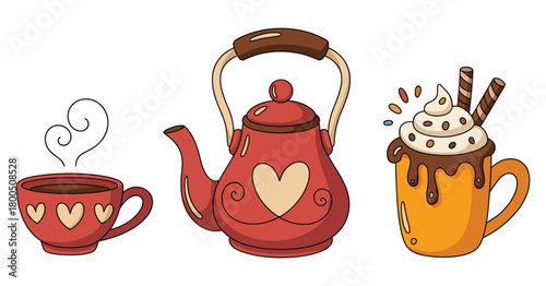 Steaming Kettle and Cocoa Mugs Vector Set Featuring Christmas Hot Chocolate with Marshmallows and Whipped Cream Illustrated in Flat Color on White Background