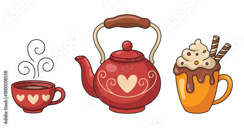 Steaming Kettle, Cocoa Mugs, Marshmallows and Whipped Cream Decorative Elements Isolated on Clean White Background
