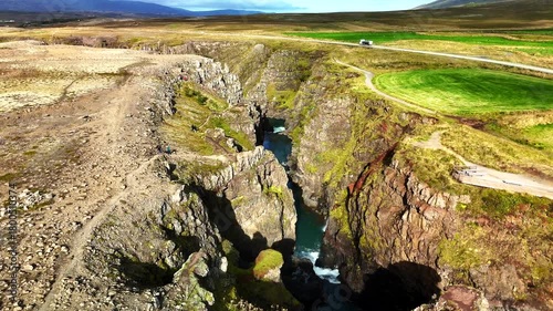 Aerial view of the gorge at Sveinsstekksfoss waterfall in the eastern Iceland