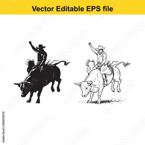 Silhouette and line art illustration of a cowboy riding a bucking bull, isolated on