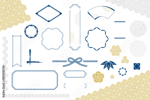 Webデザインや広告に使える和柄入りタイトル枠・見出しフレームセット。和風飾り枠・ライン装飾セット