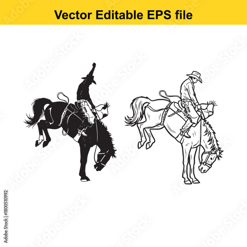 Two cowboys riding bucking horses in a rodeo, one in silhouette and the other in line art, isolated on