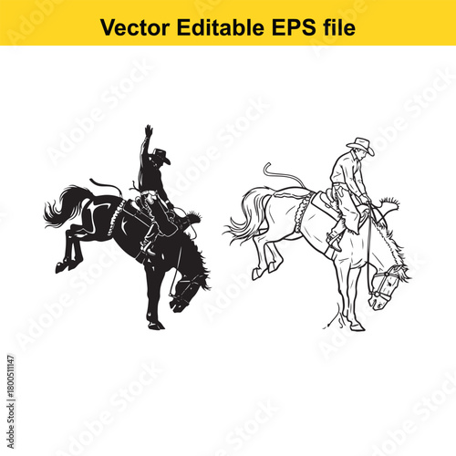 Two cowboys riding bucking horses in a rodeo, one in silhouette and the other in line art, isolated on