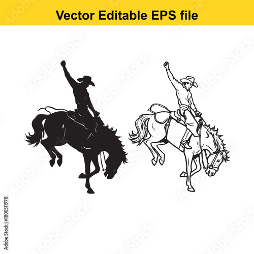 Two cowboys riding bucking horses, one in silhouette and one in line art, isolated on