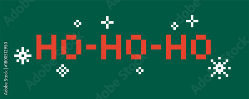 Santa Claus Hohoho Pixel Christmas Banner. Vector Illustration of 8 Bit Game Winter Ornate Website Concept. Ho-Ho-Ho Text Typography with Snowflakes Background.