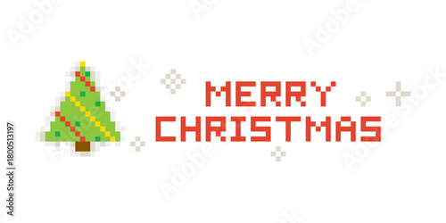 Pixel Merry Christmas Tree Banner. Vector Illustration of 8 Bit Game Winter Website Concept. Happy New Year Text Typography with Snowflakes Background.