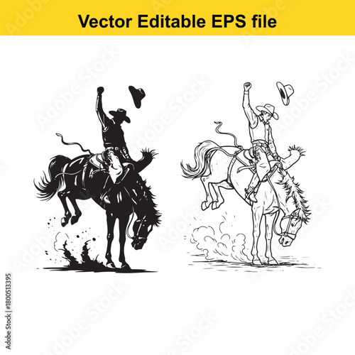 Silhouette and line art of a cowboy riding a bucking horse, isolated on