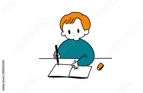 机で勉強する男の子のイラスト