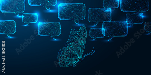 Digital butterfly among AI communication bubbles, symbolizing transformation and nature-tech fusion