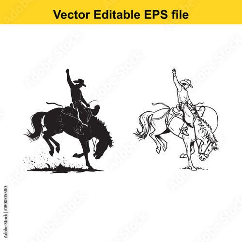 Silhouette and line art of a cowboy riding a bucking horse, isolated on
