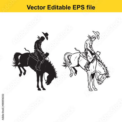 Silhouette and line art of a cowboy riding a bucking horse, isolated on