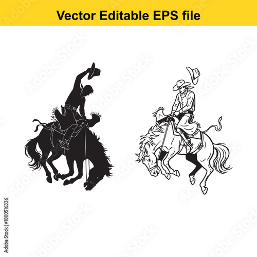 Silhouette and line art of a cowboy tipping his hat while riding a bucking horse, isolated on
