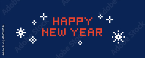Happy New Year Pixel Web Banner. Vector Illustration of 8 Bit Game Winter Ornate Website Concept. Text Typography with Snowflakes Background.