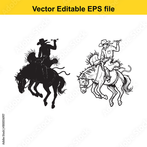 Silhouette and line art of a cowboy riding a bucking horse, isolated on