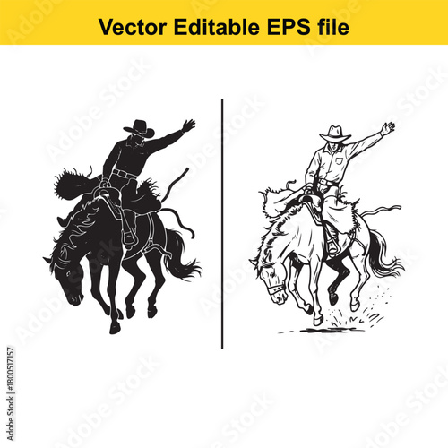 Silhouette and line art of a cowboy riding a bucking horse, isolated on