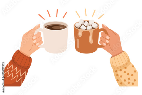Cozy Winter Hands Toasting with Hot Chocolate and Coffee Mugs, Friends Celebrating Warm Hygge Moments in Festive Holiday Vector Illustration