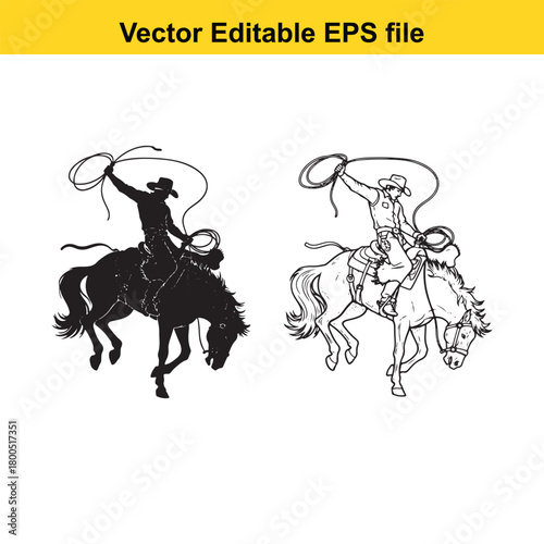 Silhouette and line art of a cowboy with a lasso on a horse, vector editable eps file isolated on