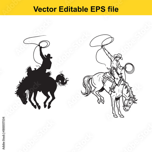 Silhouette and line art of a cowboy on a bucking horse with a lasso, isolated on