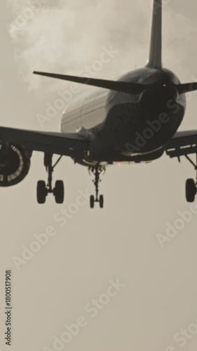 airplane flying overhead to land at airport in slow motion