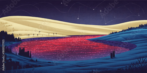 Fantasy night landscape with starry sky over colorful pink lake, blue rolling hills and medieval castle silhouettes, digital illustration