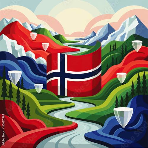 Colorful Norway landscape illustration with flag, fjord river, mountains, forests and crystal gems in modern geometric style