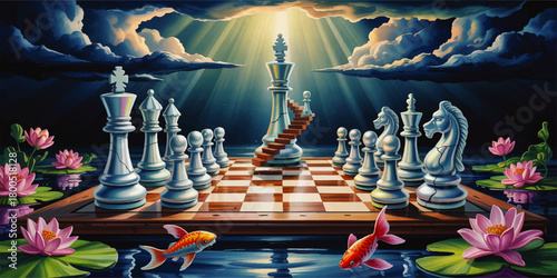 Surreal fantasy chessboard on water with glowing king, koi fish and lotus flowers under dramatic evening sky illustration