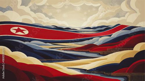 North Korea flag landscape illustration, patriotic red blue gold hills, abstract political background for diplomacy and news design